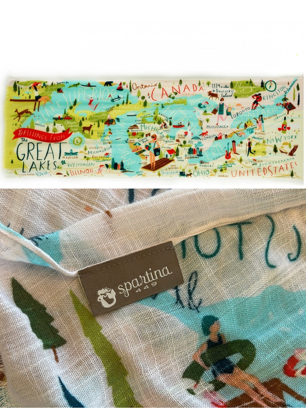 Spartina 449 The Great Lakes Map Canada USA 70x 24” Scarf Lightweight
